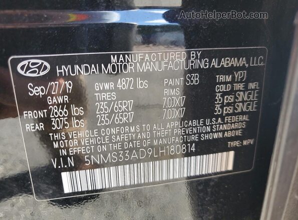 5NMS33AD9LH180814 2020 HYUNDAI SANTA Black VIN კოდის სტიკერის ხედი