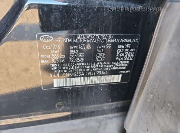 5NMS33AD9LH190386 2020 HYUNDAI SANTA Черный Вид подкапотного пространства