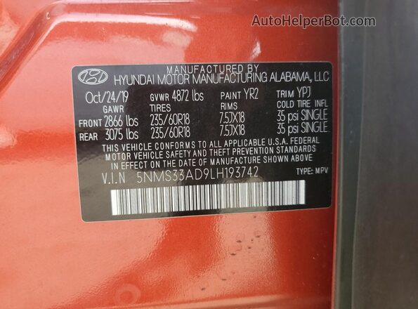 5NMS33AD9LH193742 2020 HYUNDAI SANTA Orange Engine compartment view