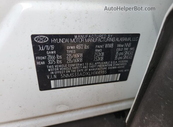 5NMS33ADXLH144985 2020 HYUNDAI SANTA White VIN sticker view