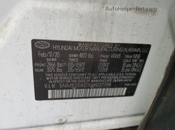 5NMS33ADXLH227798 2020 HYUNDAI SANTA Two Tone VIN კოდის სტიკერის ხედი