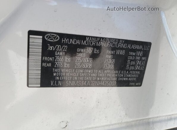 5NMS34AJ2NH425001 2022 HYUNDAI SANTA Белый Вид наклейки с VIN-кодом