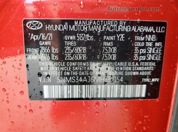 5NMS34AJ6MH357154 2021 HYUNDAI SANTA Red Սալոնի 360 աստիճան տեսք