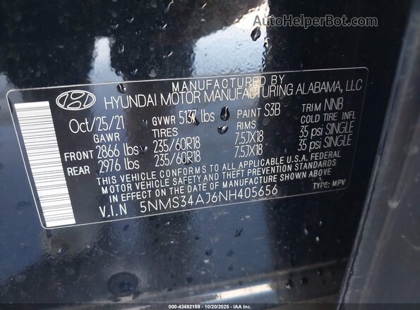 5NMS34AJ6NH405656 2022 HYUNDAI SANTA FE Black Vista del compartimento del motor