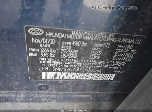 5NMS3CAA9LH301685 2020 HYUNDAI SANTA FE Blue Widok komory silnika