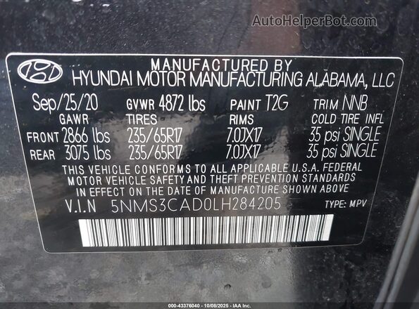 5NMS3CAD0LH284205 2020 HYUNDAI SANTA FE Gray Вид підкапотного простору