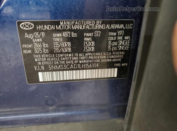 5NMS3CAD1LH156104 2020 HYUNDAI SANTA Blue Вид наклейки з VIN-кодом