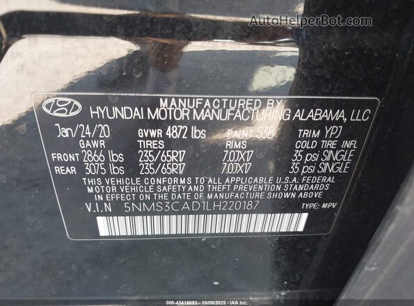 5NMS3CAD1LH220187 2020 HYUNDAI SANTA FE Черный Вид подкапотного пространства