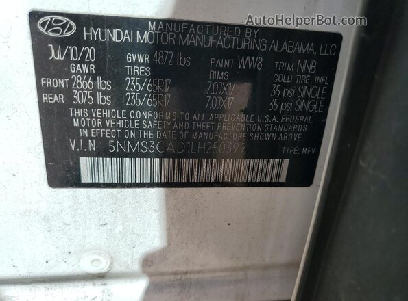 5NMS3CAD1LH250399 2020 HYUNDAI SANTA White 360 interior view