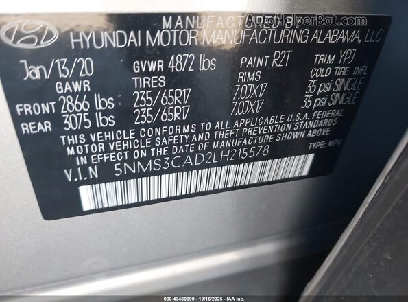 5NMS3CAD2LH215578 2020 HYUNDAI SANTA FE Серебряный Вид подкапотного пространства