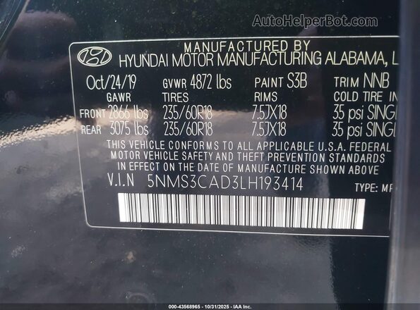 5NMS3CAD3LH193414 2020 HYUNDAI SANTA FE Black Vista del compartimento del motor