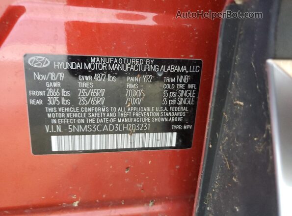 5NMS3CAD3LH203231 2020 HYUNDAI SANTA Orange Widok naklejki z numerem VIN