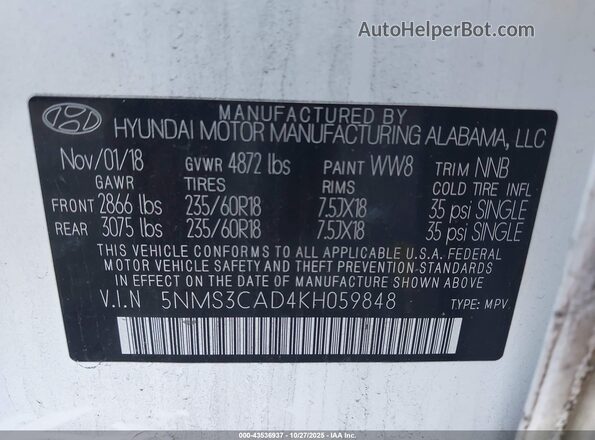 5NMS3CAD4KH059848 2019 HYUNDAI SANTA FE Белый Вид подкапотного пространства