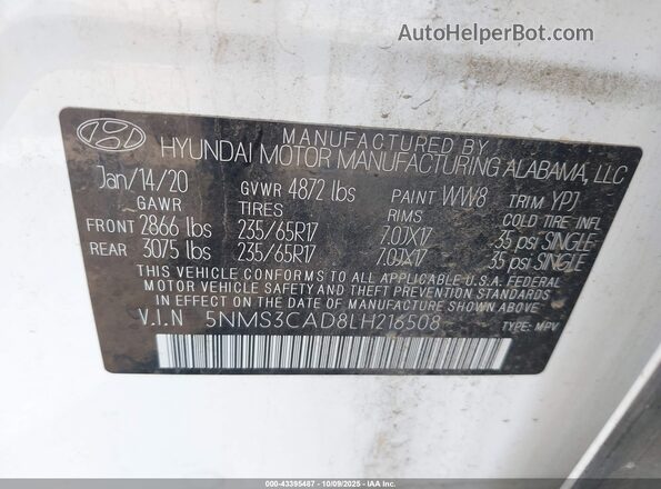 5NMS3CAD8LH216508 2020 HYUNDAI SANTA FE Белый Вид подкапотного пространства
