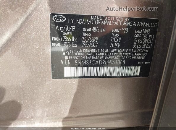 5NMS3CAD9LH163088 2020 HYUNDAI SANTA FE Brown Engine compartment view