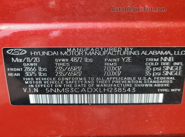 5NMS3CADXLH238543 2020 HYUNDAI SANTA Red Vista interior de 360 grados