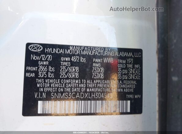 5NMS3CADXLH304542 2020 HYUNDAI SANTA FE Белый Вид подкапотного пространства