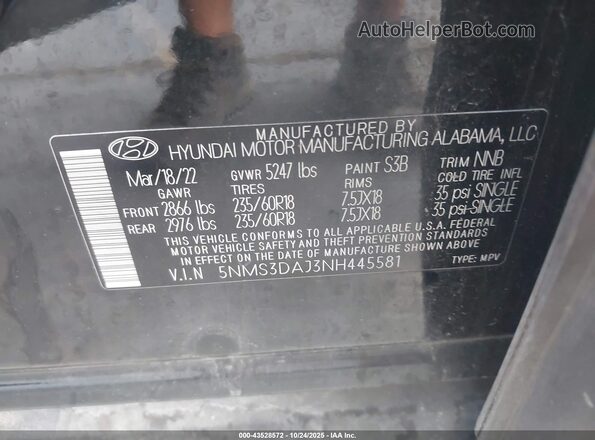 5NMS3DAJ3NH445581 2022 HYUNDAI SANTA FE Черный Вид подкапотного пространства