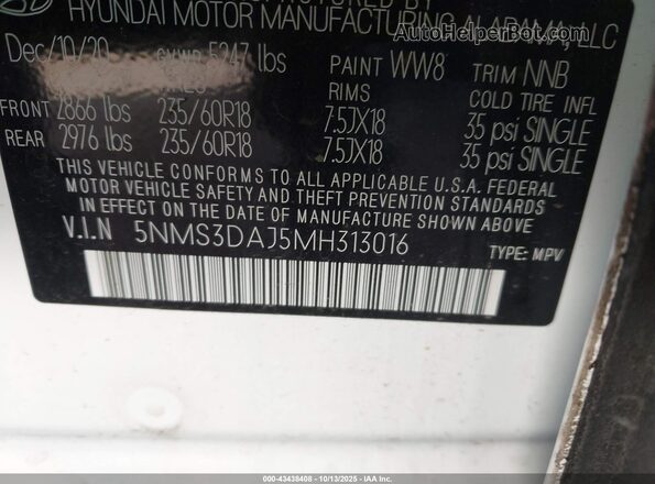 5NMS3DAJ5MH313016 2021 HYUNDAI SANTA FE White Vista del compartimento del motor