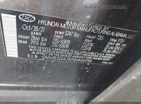 5NMS3DAJXNH406955 2022 HYUNDAI SANTA FE Black Вид підкапотного простору