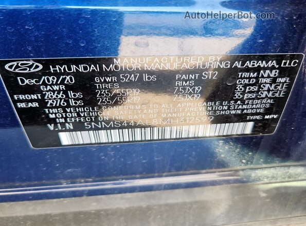 5NMS44AL8MH312599 2021 HYUNDAI SANTA Blue Vista del compartimento del motor