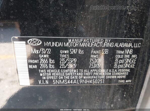 5NMS44AL9NH450251 2022 HYUNDAI SANTA FE Черный Вид подкапотного пространства