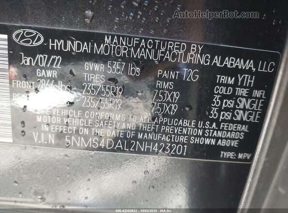 5NMS4DAL2NH423201 2022 HYUNDAI SANTA FE Gray Շարժիչի բաժամունքի տեսք