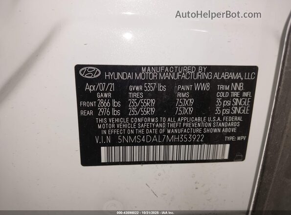 5NMS4DAL7MH353922 2021 HYUNDAI SANTA FE White Engine compartment view
