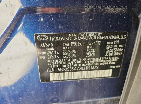 5NMS53AA4LH153679 2020 HYUNDAI SANTA Blue VIN კოდის სტიკერის ხედი