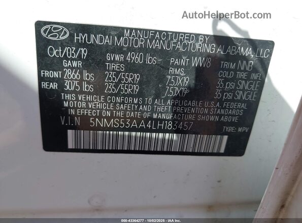 5NMS53AA4LH183457 2020 HYUNDAI SANTA FE Белый Вид подкапотного пространства