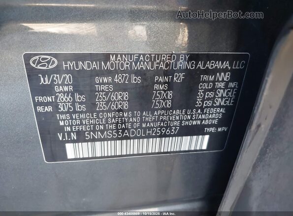 5NMS53AD0LH259637 2020 HYUNDAI SANTA FE Черный Вид подкапотного пространства