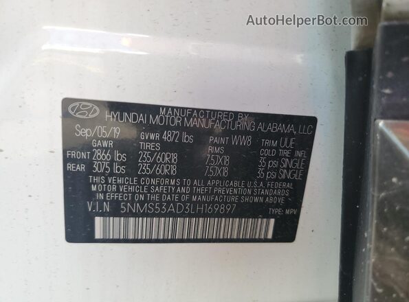 5NMS53AD3LH169897 2020 HYUNDAI SANTA White VIN կոդի պիտակի տեսք