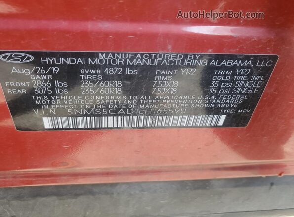 5NMS5CAD1LH165590 2020 HYUNDAI SANTA Red VIN կոդի պիտակի տեսք