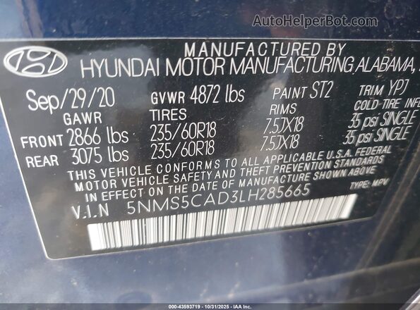 5NMS5CAD3LH285665 2020 HYUNDAI SANTA FE Blue Widok komory silnika