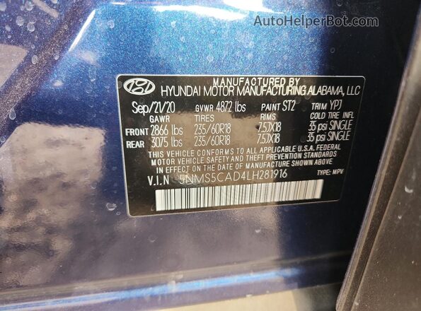 5NMS5CAD4LH281916 2020 HYUNDAI SANTA Blue VIN sticker view