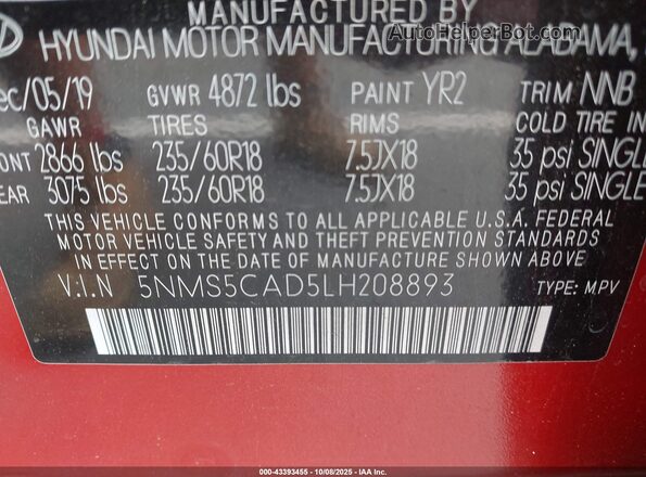 5NMS5CAD5LH208893 2020 HYUNDAI SANTA FE Orange Vista del compartimento del motor