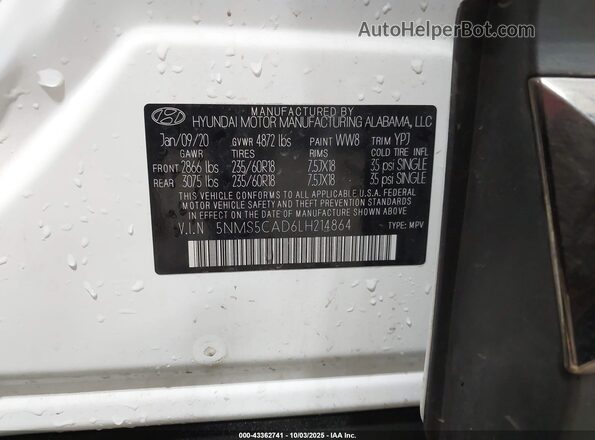 5NMS5CAD6LH214864 2020 HYUNDAI SANTA FE Белый Вид подкапотного пространства