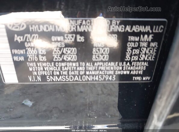 5NMS5DAL0NH457943 2022 HYUNDAI SANTA FE CALLIGRAPHY Black Вид підкапотного простору