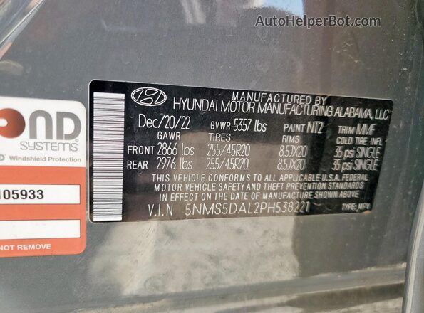 5NMS5DAL2PH538221 2023 HYUNDAI SANTA FE CALLIGRAPHY Gray Вид наклейки з VIN-кодом