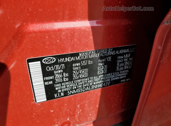 5NMS5DAL3NH404217 2022 HYUNDAI SANTA FE CALLIGRAPHY Red 
