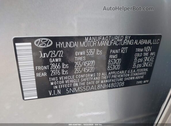 5NMS5DAL8NH480208 2022 HYUNDAI SANTA FE CALLIGRAPHY Silver Շարժիչի բաժամունքի տեսք