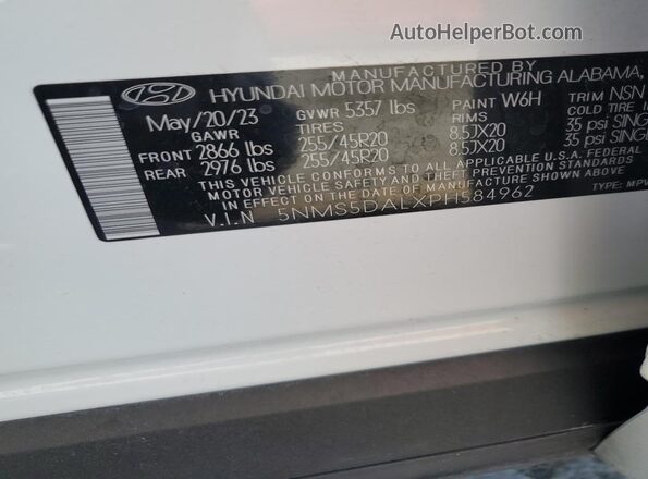 5NMS5DALXPH584962 2023 HYUNDAI SANTA FE CALLIGRAPHY White VIN sticker view