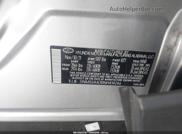 5NMS64AJ0NH414246 2022 HYUNDAI SANTA FE Silver Շարժիչի բաժամունքի տեսք