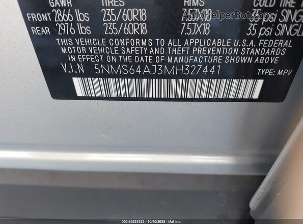 5NMS64AJ3MH327441 2021 HYUNDAI SANTA FE Silver 