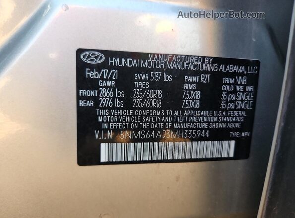 5NMS64AJ3MH335944 2021 HYUNDAI SANTA Silver Вид підкапотного простору