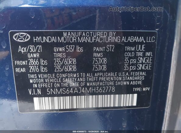 5NMS64AJ4MH362778 2021 HYUNDAI SANTA FE Dark Blue Вид подкапотного пространства