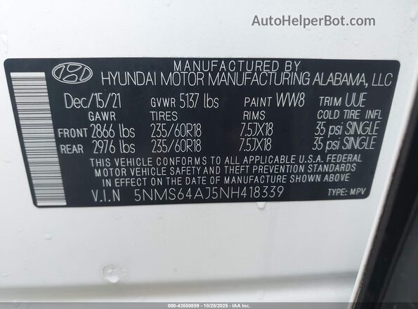 5NMS64AJ5NH418339 2022 HYUNDAI SANTA FE White Շարժիչի բաժամունքի տեսք