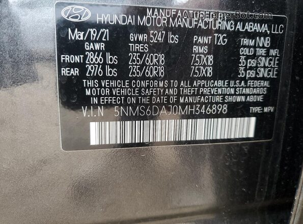 5NMS6DAJ0MH346898 2021 HYUNDAI SANTA Gray Engine compartment view