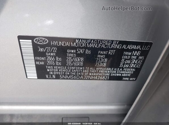 5NMS6DAJ2NH426821 2022 HYUNDAI SANTA FE Silver Vista del compartimento del motor