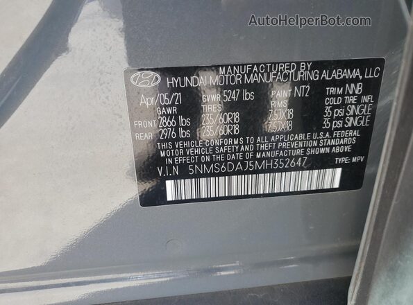 5NMS6DAJ5MH352647 2021 HYUNDAI SANTA Gray VIN sticker view